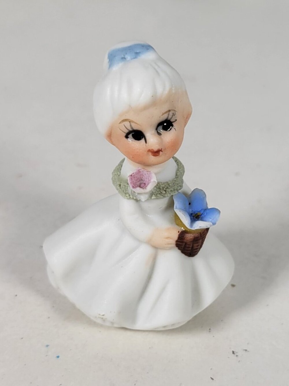 Vintage Josef Original Sweet Tiny Petite Flower Girl with Ceramic Spaghetti Trim